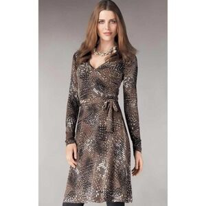 Cabi Faux Wrap Midi Dress Size M Surplice Neck Belted Stretch Dotted Print Brown